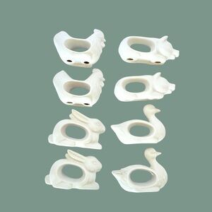 Set of 8 Vintage Porcelain Animal Napkin Rings Japan Duck, Chicken, Pig, Rabbit